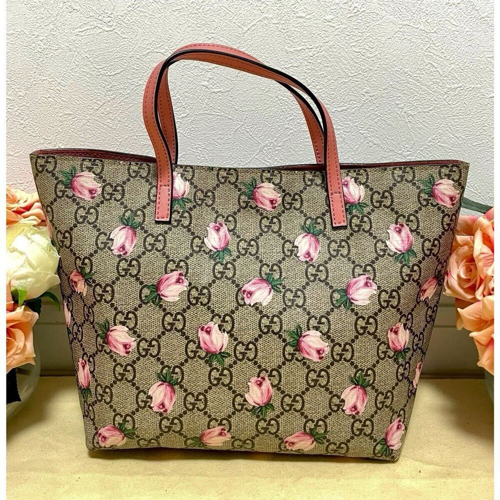 Gucci GG Supreme Leather Beige Flower Pink Handbag Tote Bag